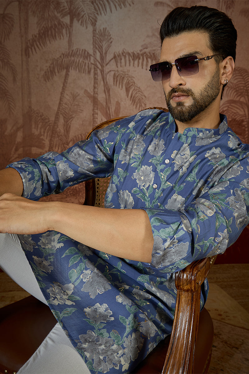 Mens Blue Silk Blend Floral Printed Kurta With Trouser