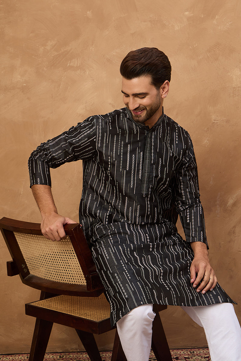 black silk blend geometric printed straight kurta