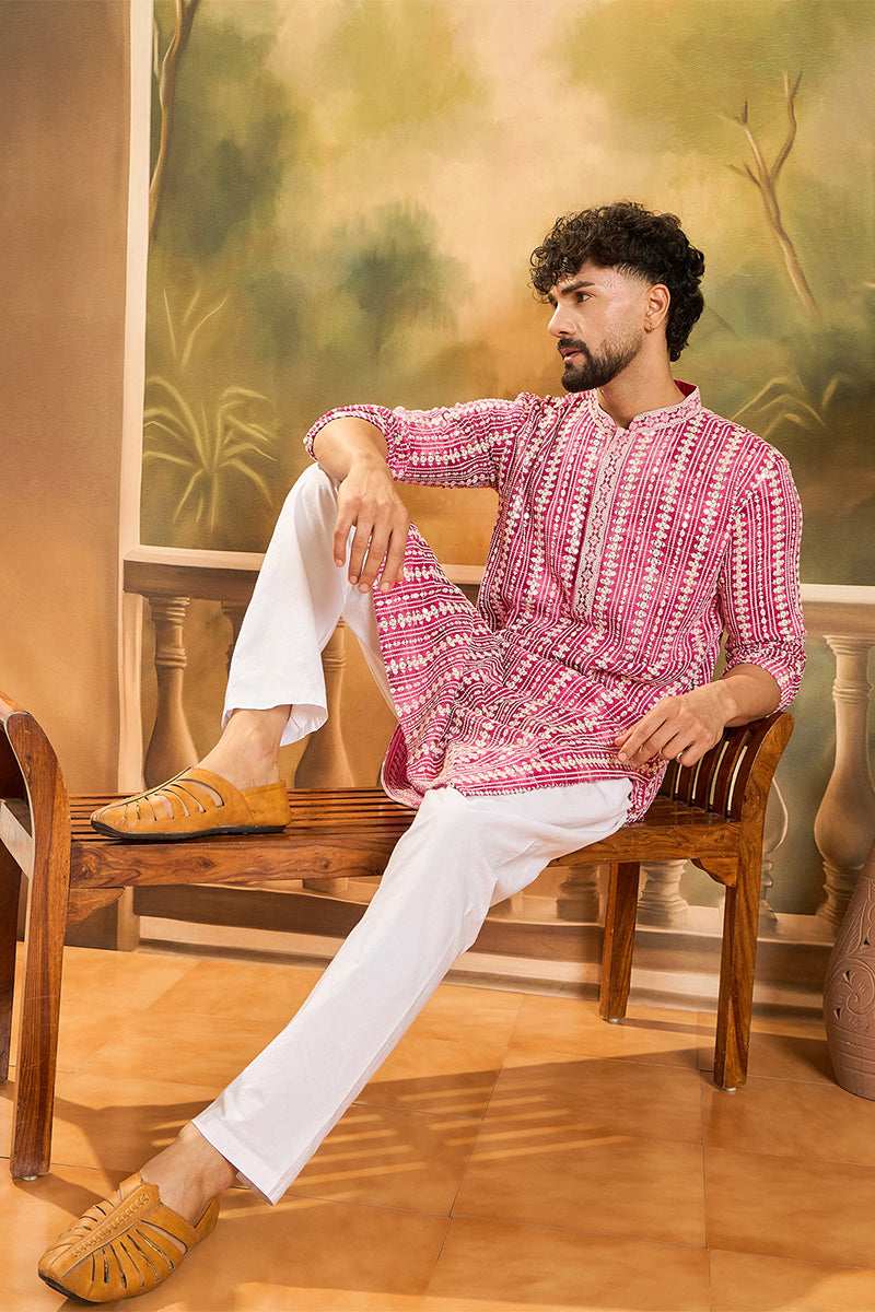 Red Viscose Rayon Shibori Embroidered Straight Kurta