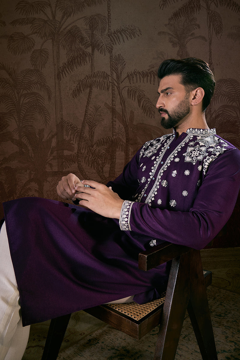 Purple Silk Blend Solid Embroidered Straight Kurta With Trouser
