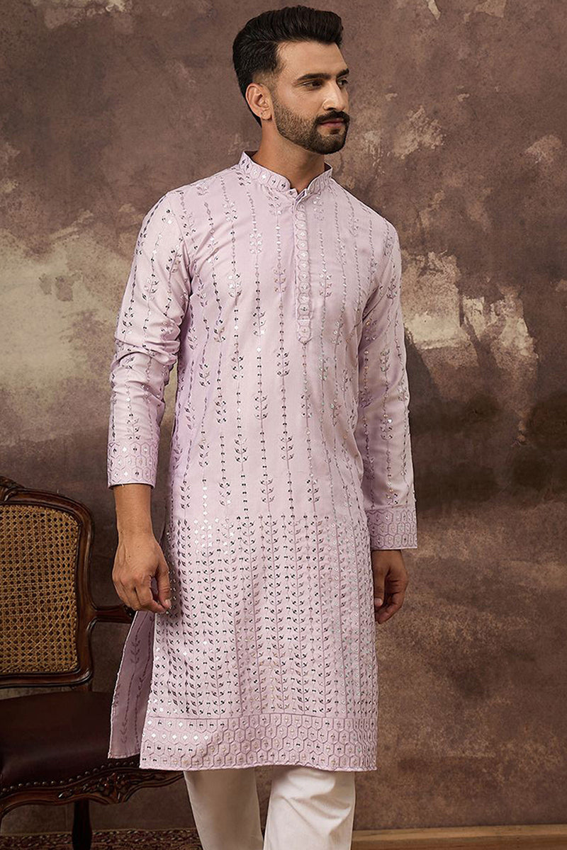 Lavender Silk Blend Solid Embroidered Straight Kurta With Pant Set MKSET1359