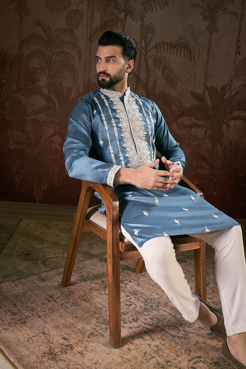 Blue Silk Blend Solid Embroidered Straight Kurta MKU1881