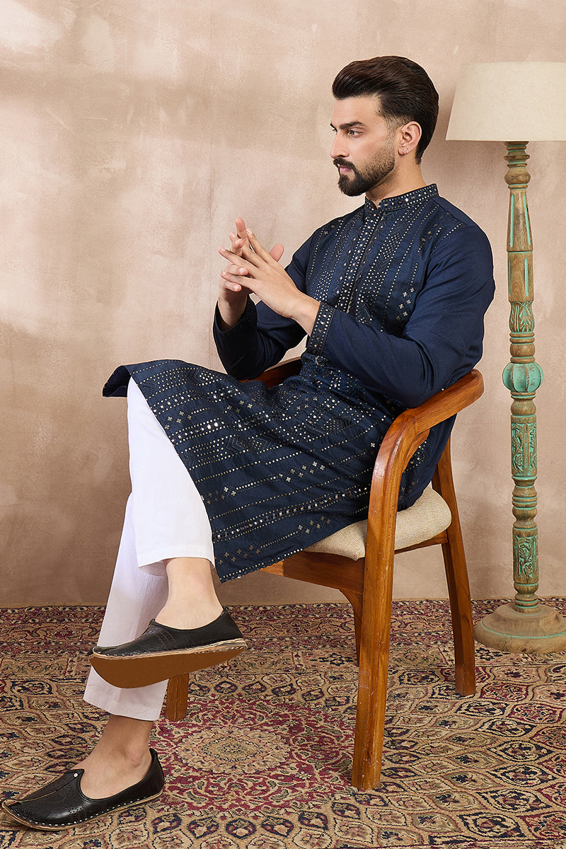 Blue Silk Blend Geometric Embroidered Straight Kurta With Trouser