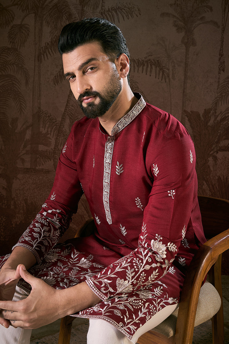 Maroon Silk Blend Solid Embroidered Straight Kurta With Trouser MKSET1945