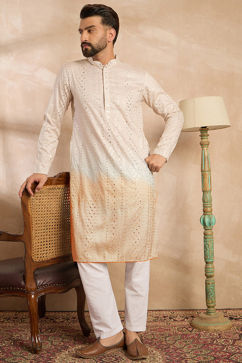 Peach Silk Blend Ombre Embroidered Straight Kurta Sets