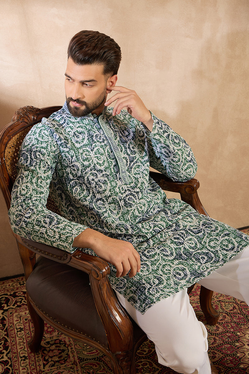 Green Viscose Rayon Batik Embroidered Straight Kurta