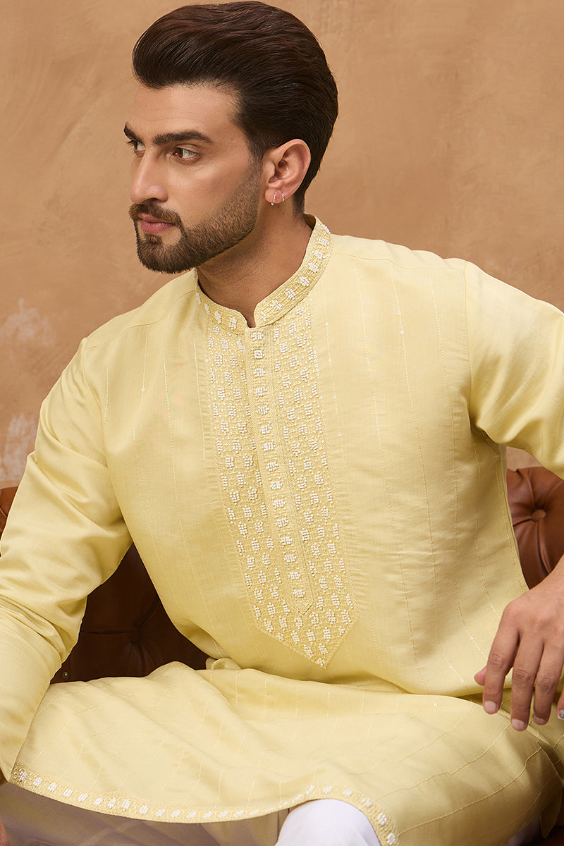 Yellow Silk Blend Solid Embroidered Straight Kurta MKU1507