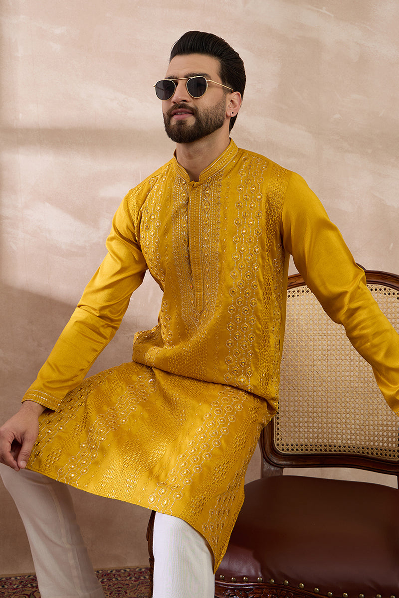 Mustard Silk Blend Embroidered Mandarin Collar Straight Kurta With Trouser MKSET1887