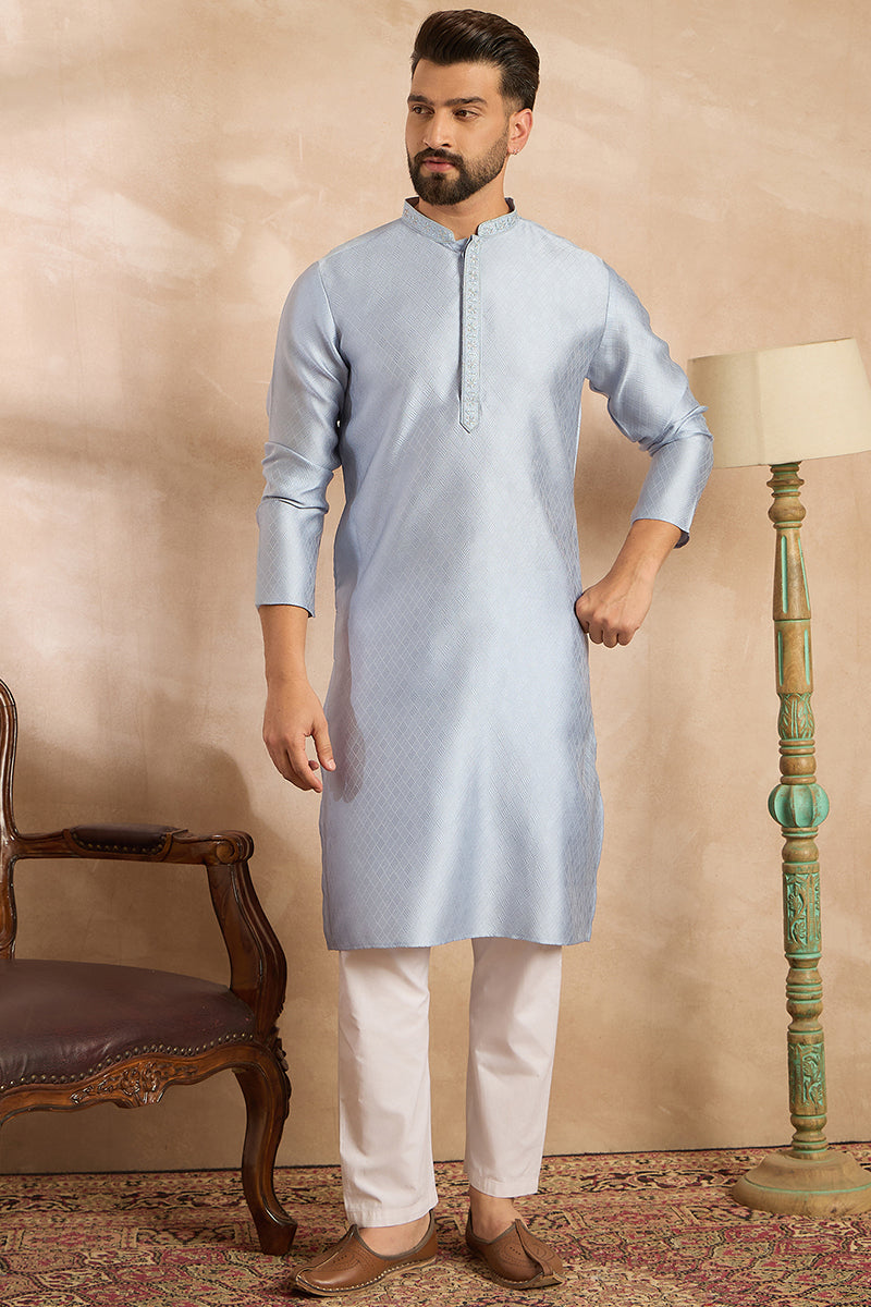 Blue Polyester Solid Embroidered Straight Kurta With Trouser