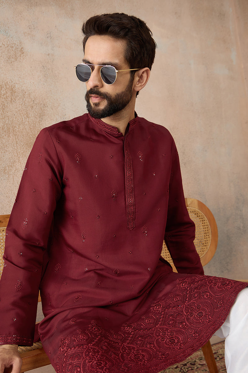 Mens Maroon Silk Blend Solid Emboidered Straight Kurta MKU2289
