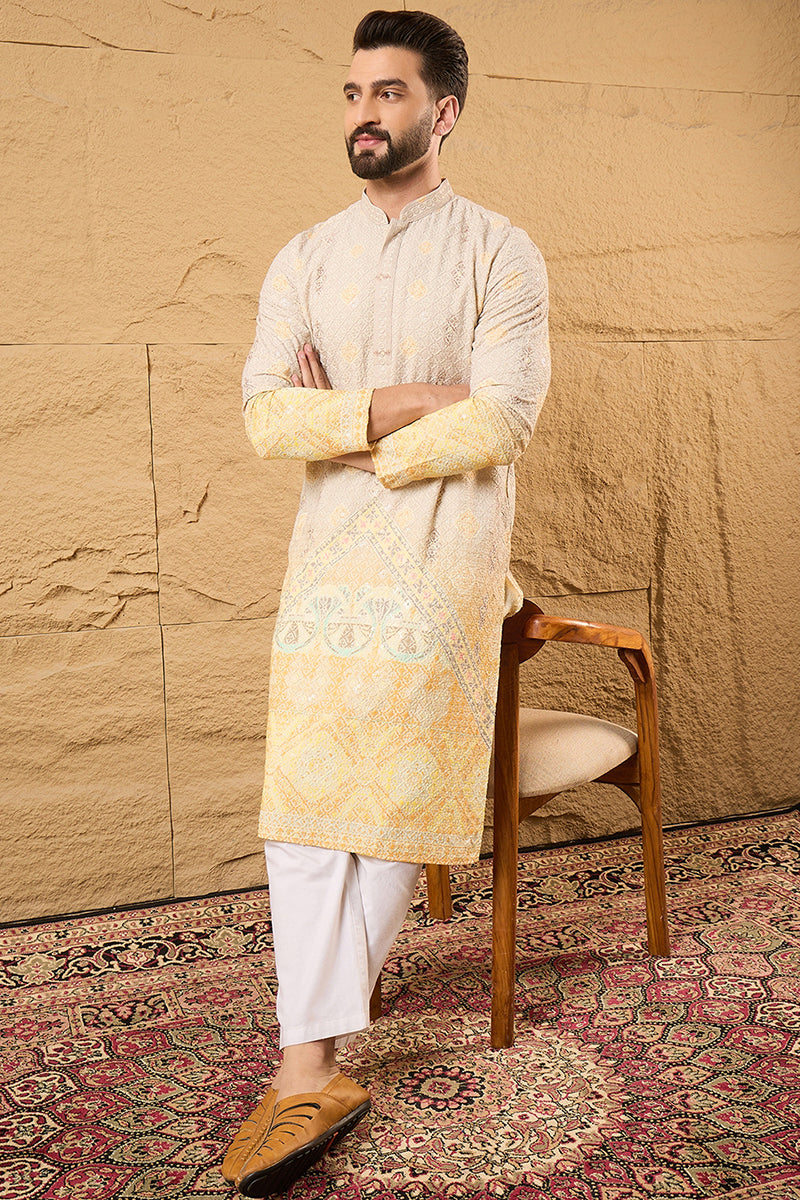 Yellow Viscose Rayon Ethnic Motifs Embroidered Straight Kurta with Trouser
