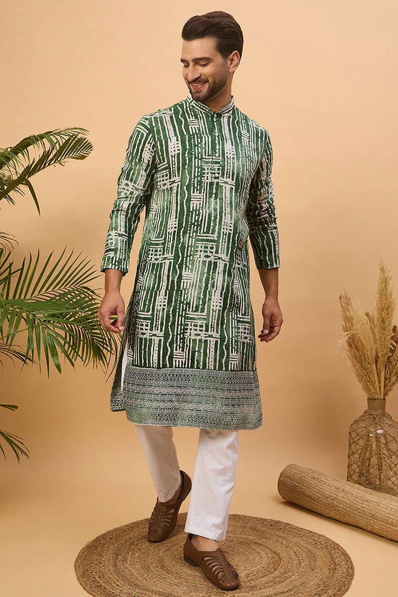 Green Viscose Rayon Batik Embroidered Straight Kurta