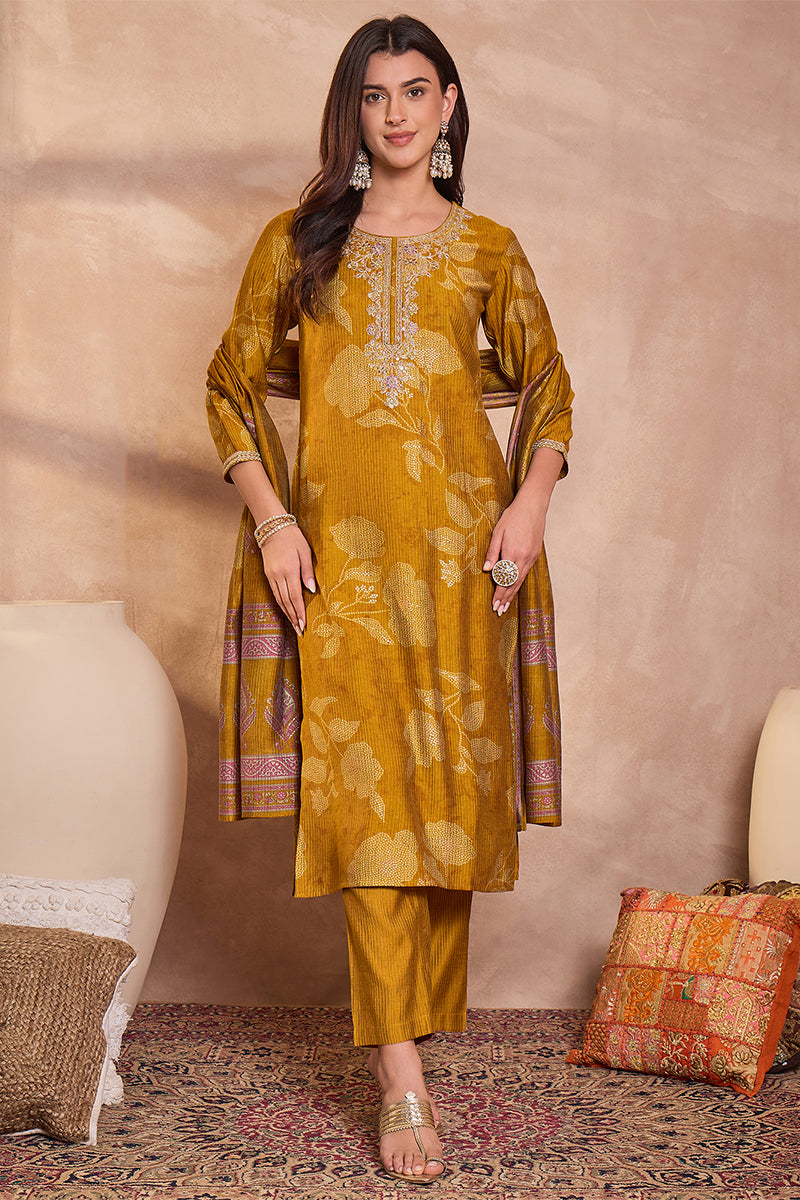 mustard silk blend floral printed straight kurta trouser with dupatta