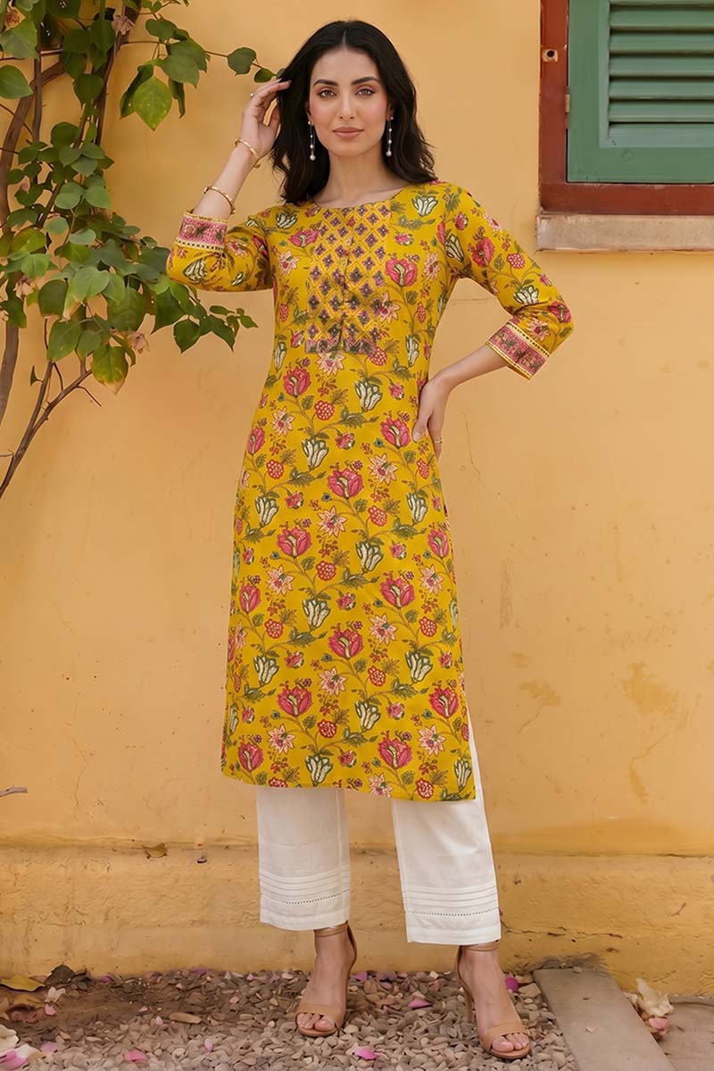 rayon yellow floral digital printed regular kurta vck9820