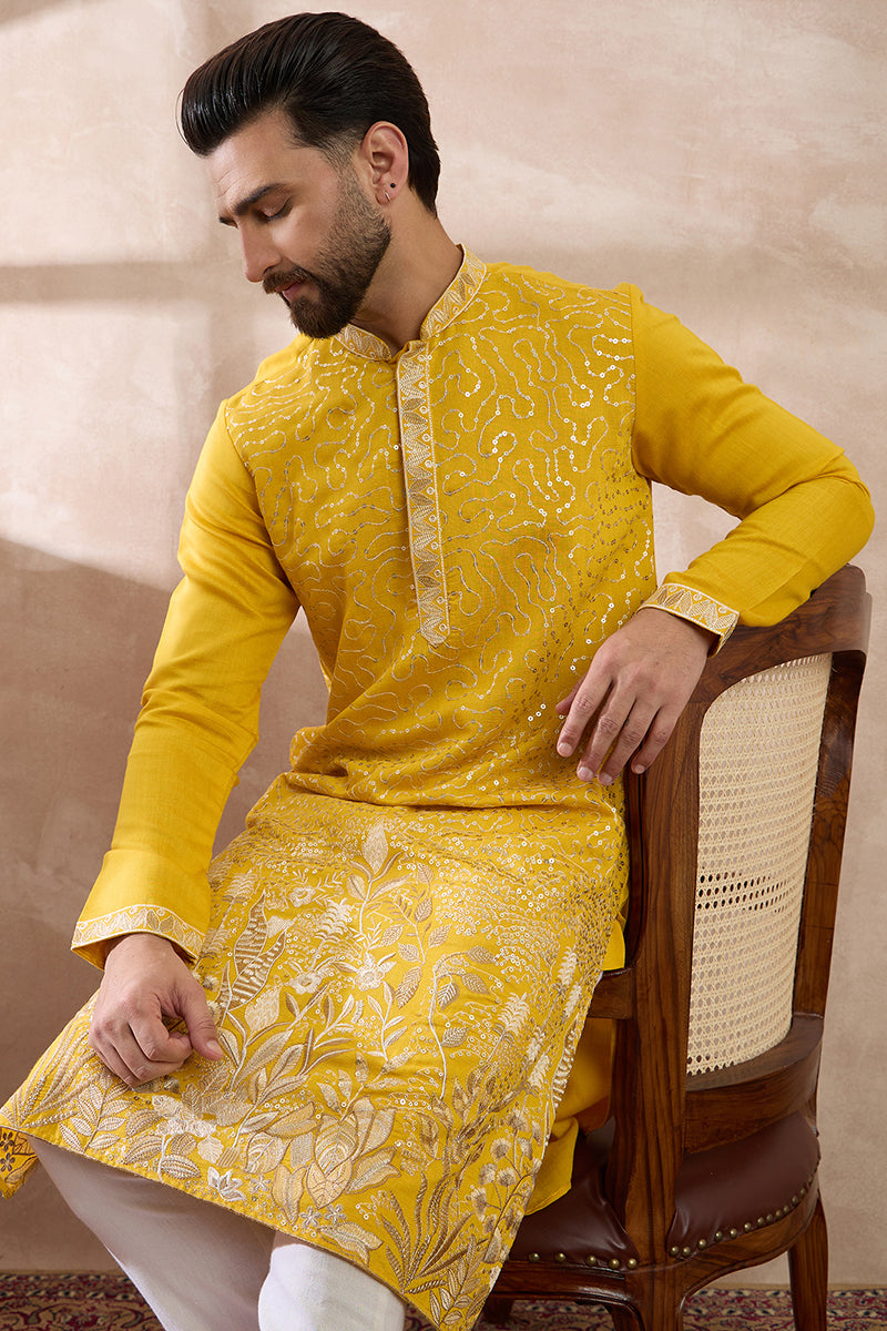 Yellow Silk Blend Embroidered Mandarin Collar Straight Kurta With Trouser