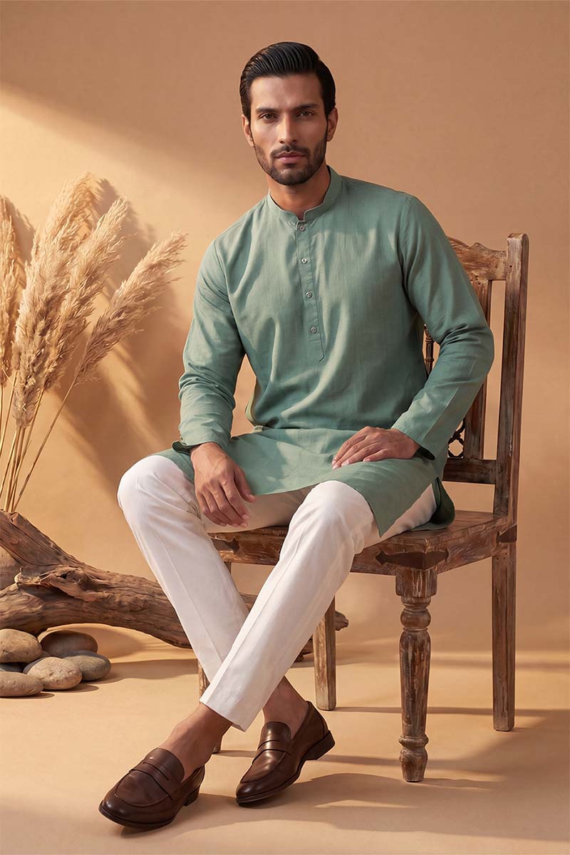 Mens Green Silk Blend Solid Solid Kurta