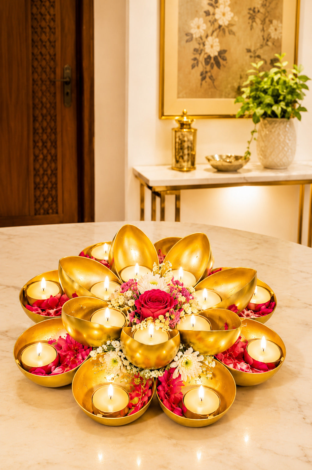 golden metal urli cum tealight holder set decorative diya flower urli for festive home decor