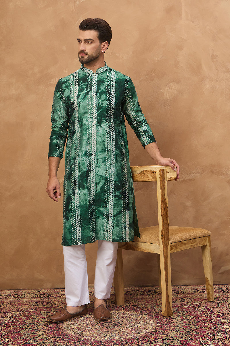 green silk blend shibori embroidered straight kurta