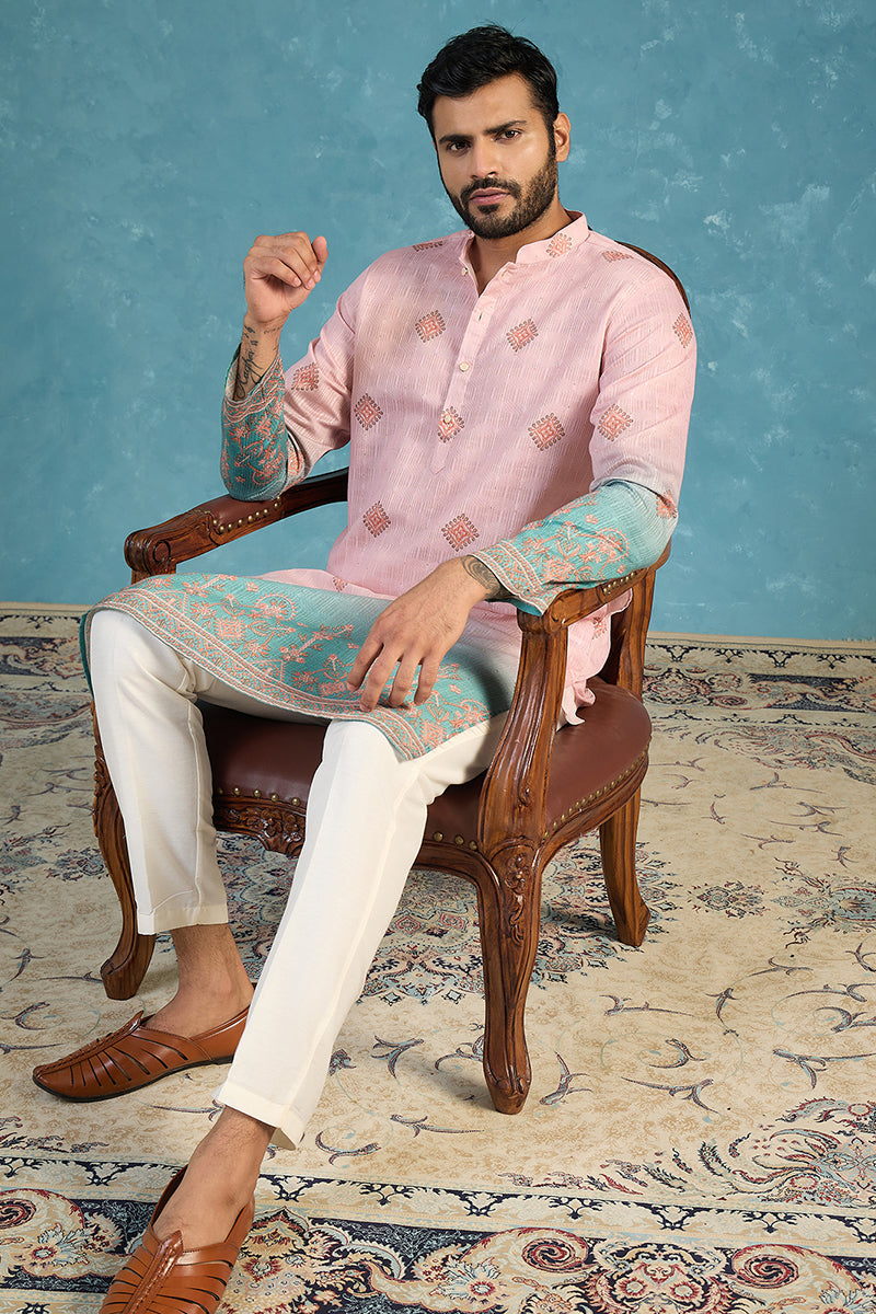 Mens Peach Silk Blend Woven Design Calf Length Straight Regular Kurta