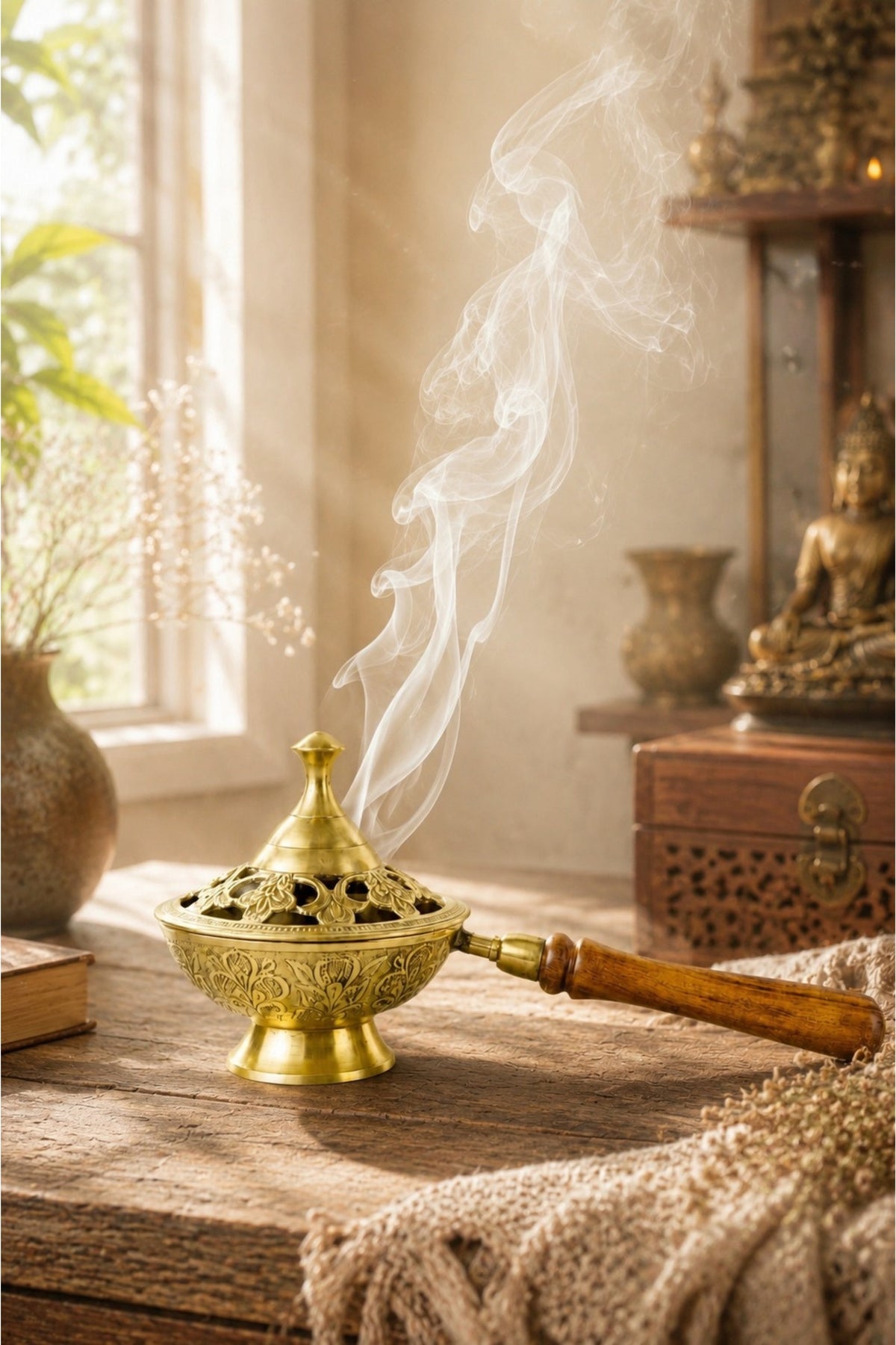 premium brass loban burner with wooden handle handcrafted brass dhoop dani for loban sambrani cups bakhoor camphor resin incense antique floral brass incense burner for home temple meditation gifting