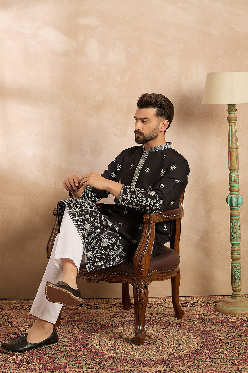 Black Silk Blend Solid Embroidered Straight Kurta With Trouser