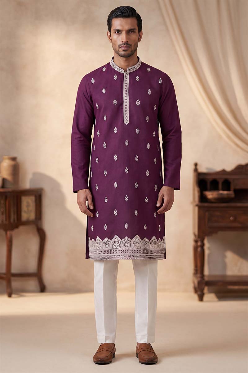 Silk Blend Purple Solid Embroidered Calf Length Straight Kurta With Trousers