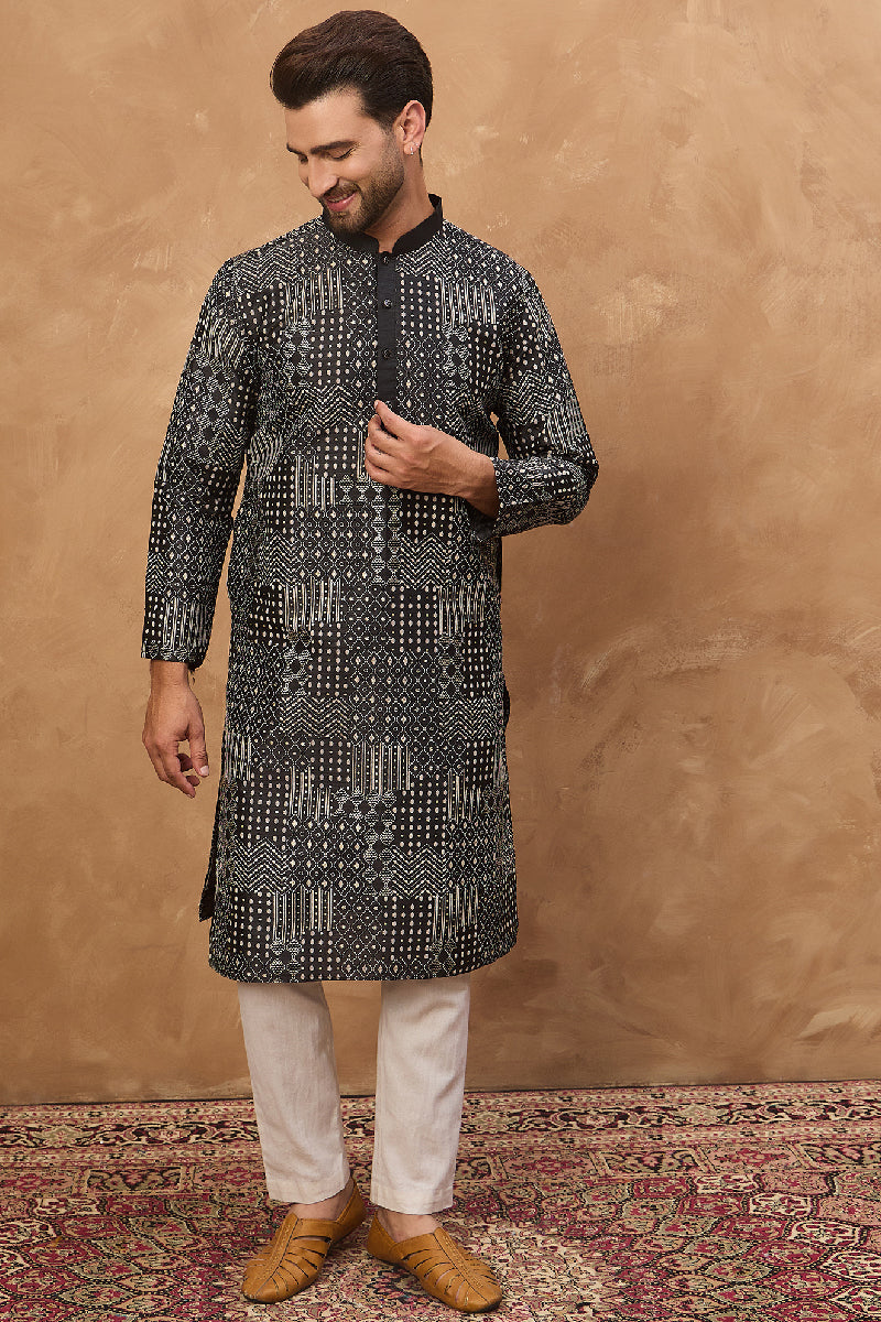 black silk blend geometric printed straight kurta