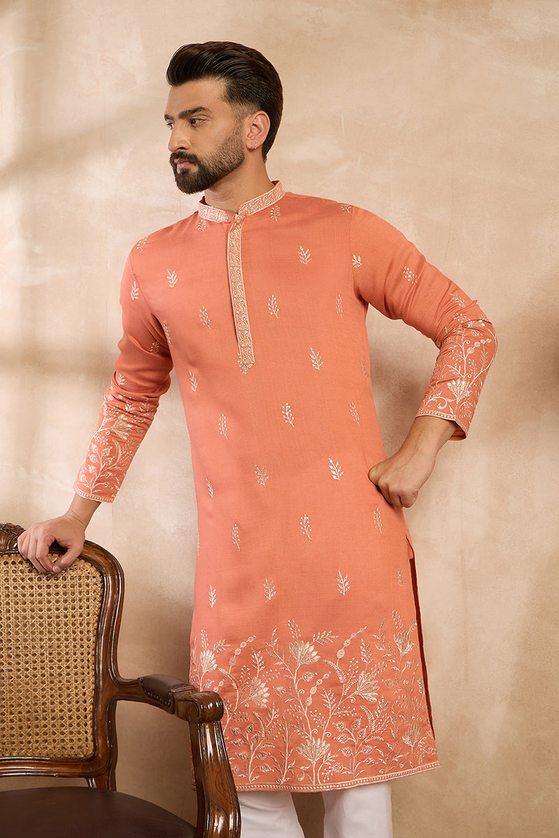Peach Vartican Solid Embroidered Straight Kurta With Trouser
