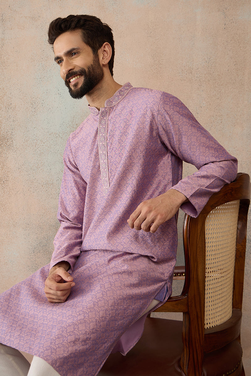Mens Lavender Jacquard Solid Embroidered Kurta MKU2466