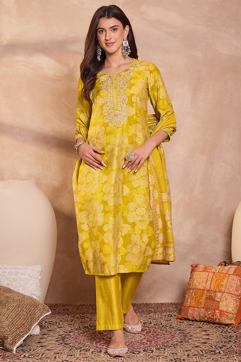yellow floral printed straight kurta trouser with dupatta 