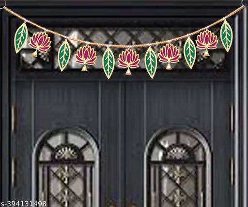 Toran with Wooden Kamal Folwer,Mango Leaves and Golden Bells , Size:-3 Feet