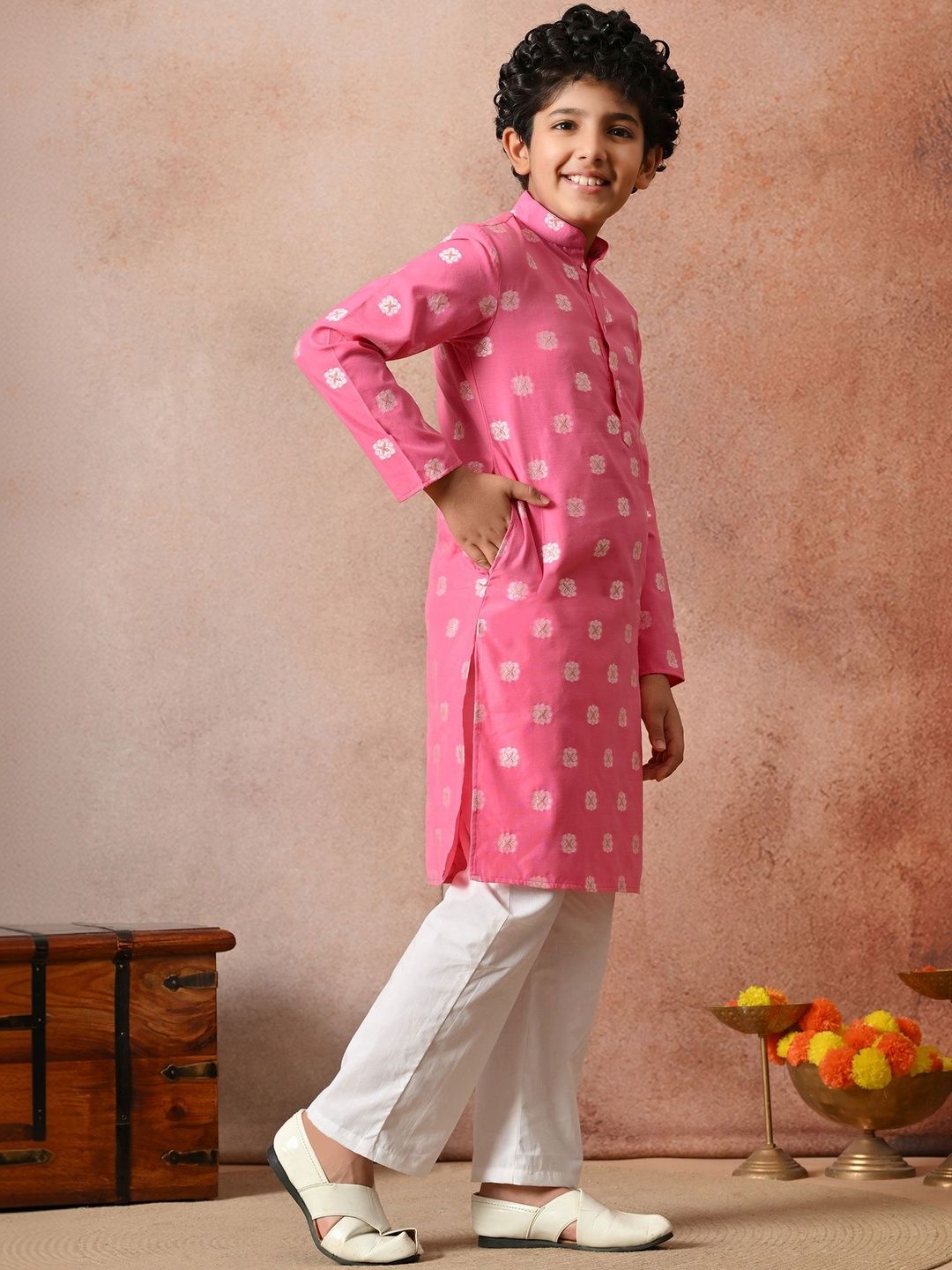 Indi Loom Couture Boys Pink Chanderi Jacquard Blazer Kurta with Pyjama Set ILBKS33