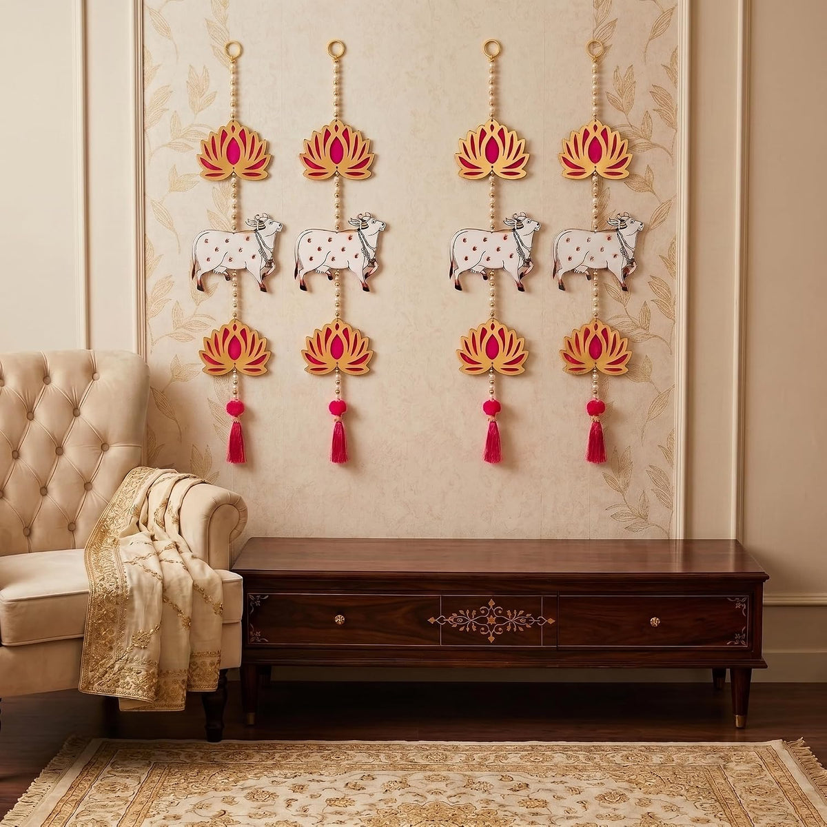 Pichwai Cow Bead Lotus Hanging, Engineered Wood, Pack of 4
