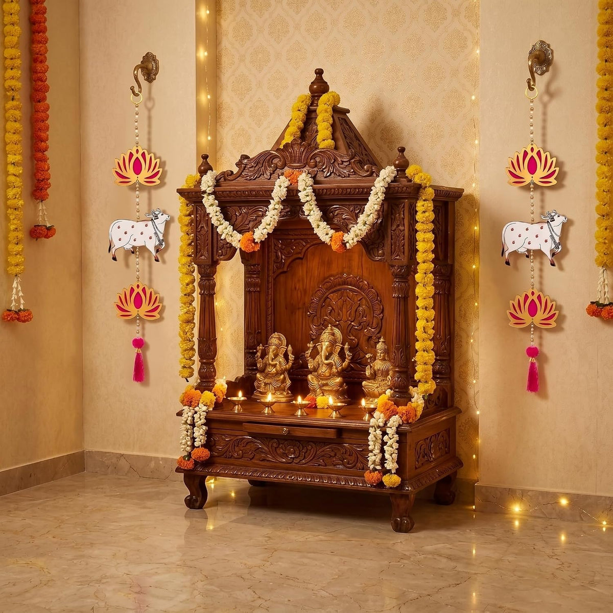 Pichwai Cow Bead Lotus Hanging, Engineered Wood, Pack of 4