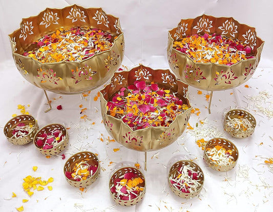 Handicrafts Iron Lotus Urli with Stand Pot for Floating Flower/Candle Festive Decor Set of 13 Piece / 7 Votives Small Bowl 3.5 inch Each