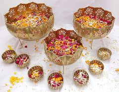 Handicrafts Iron Lotus Urli with Stand Pot for Floating Flower/Candle Festive Decor Set of 13 Piece / 7 Votives Small Bowl 3.5 inch Each