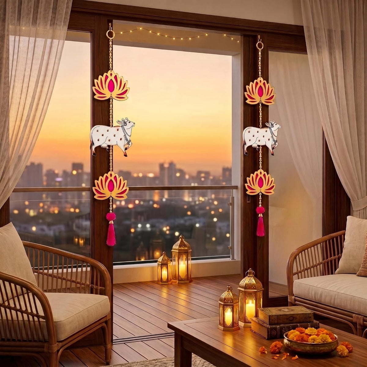 Pichwai Cow Bead Lotus Hanging, Engineered Wood, Pack of 4