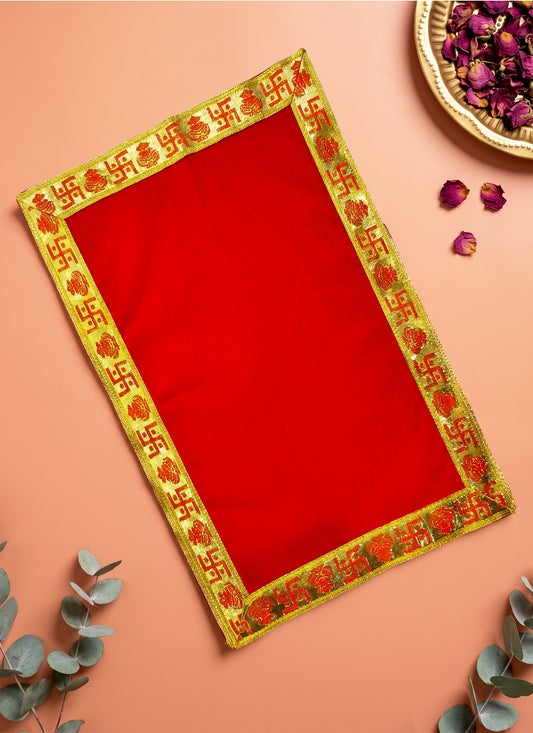 Velvet Asan Swastik Kalash Red 12x12 Inches