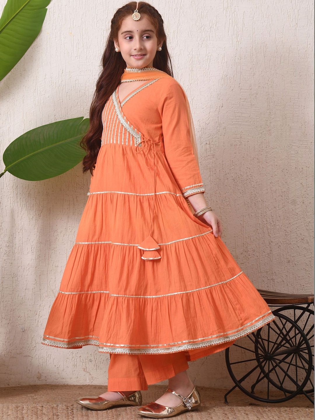 Girls Orange Angrakha Style Kurta Set with Pants & Dupatta ILKSD69