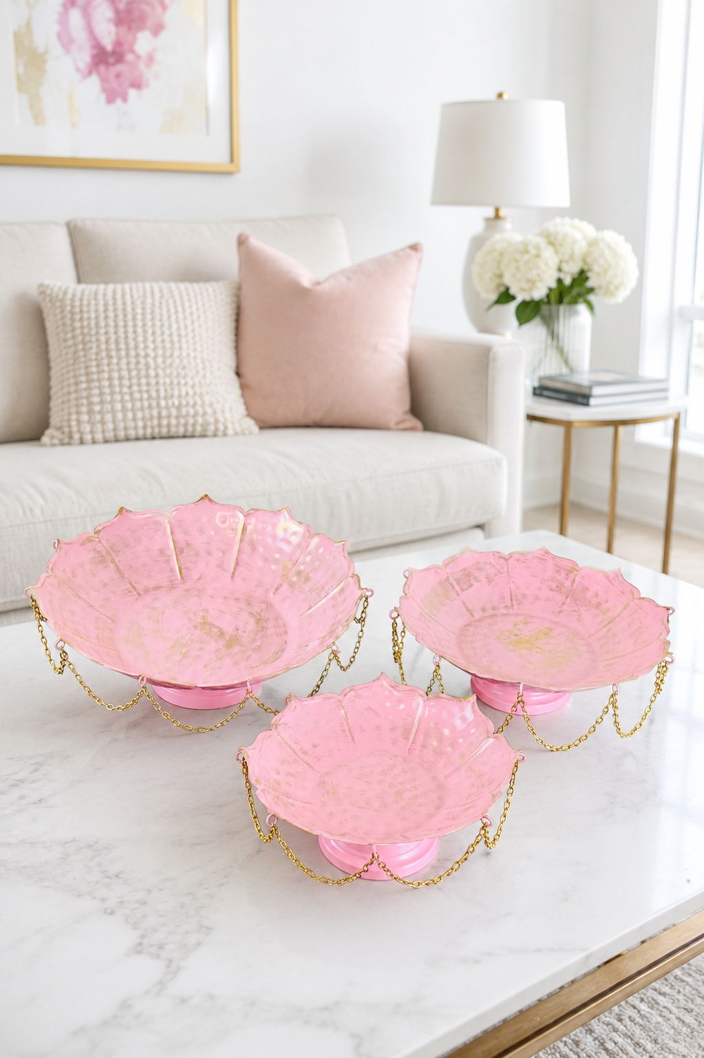 premium pink lotus urli bowl set of 3 with decorative chain handcrafted metal floating flower bowls for water candles tea lights decorative urli for diwali wedding pooja home decor