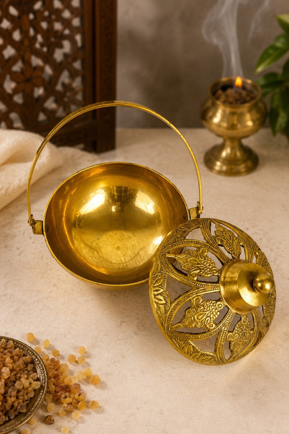 premium brass metal incense burner with handle handcrafted dhoop dani for sambrani loban dhoop cups resin incense decorative smoke diffuser for home temple pooja room