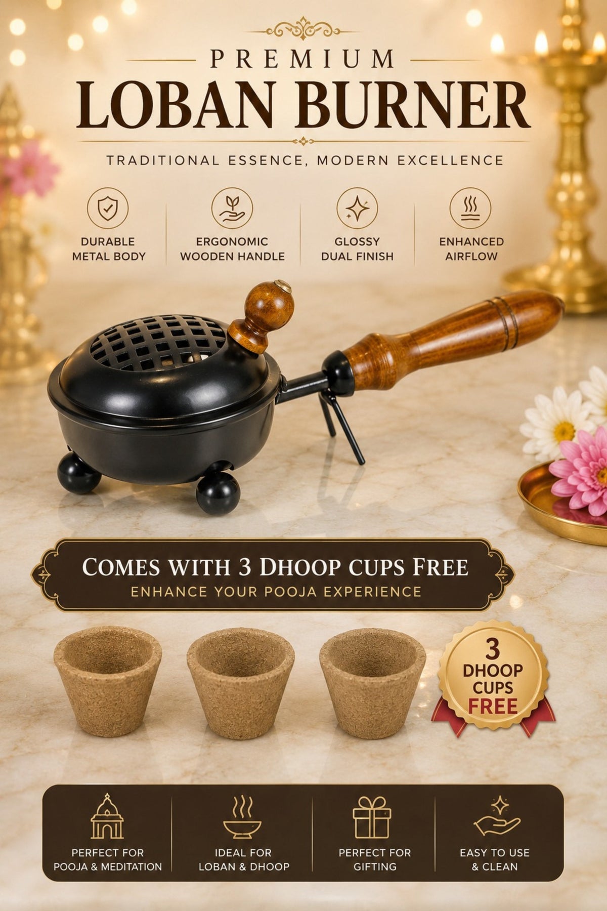 brass finish metal dhoop dani with wooden handle lid for pooja loban sambrani burning covered incense burner for home temple havan vastu premium festive gift item copy
