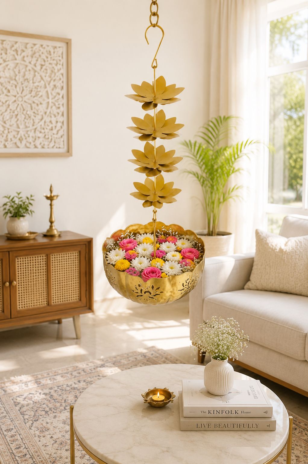 premium hanging lotus urli bowl decorative metal hanging flower urli for floating flowers water candles traditional hanging urli for diwali pooja wedding home decoration