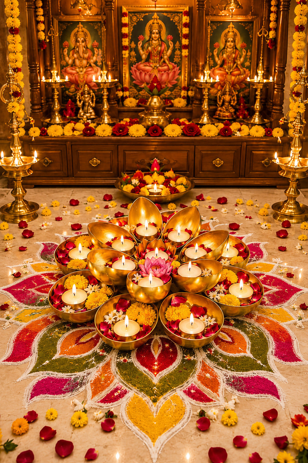 golden metal urli cum tealight holder set decorative diya flower urli for festive home decor