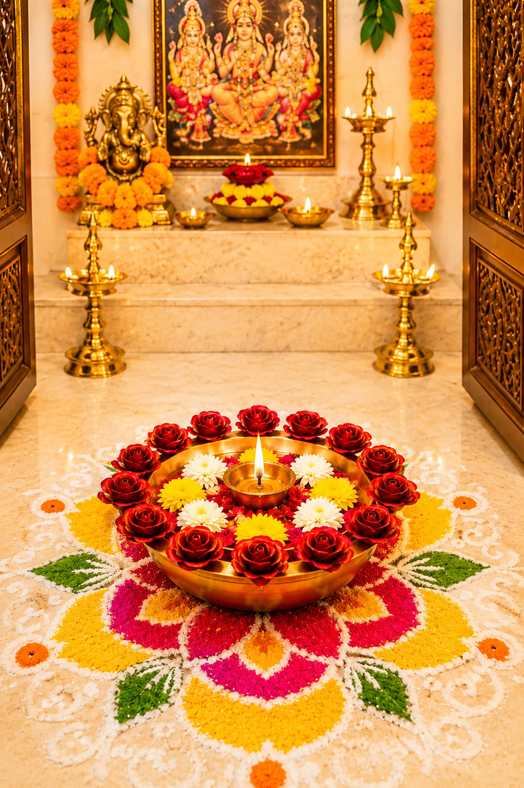 premium hanging lotus urli bowl with rose rim design decorative metal floating flower bowl with lotus chain hanging urli for water candles tea lights diwali pooja wedding home decor
