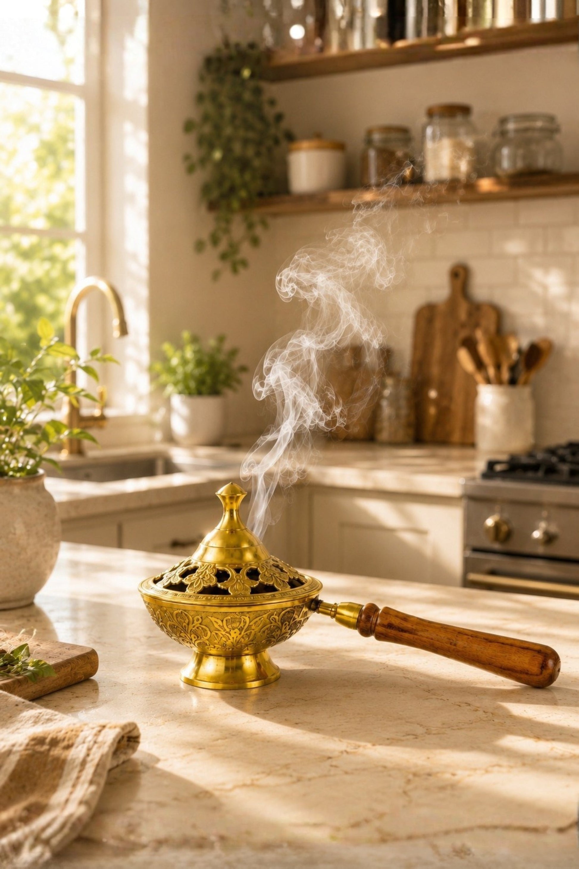 premium brass loban burner with wooden handle handcrafted brass dhoop dani for loban sambrani cups bakhoor camphor resin incense antique floral brass incense burner for home temple meditation gifting