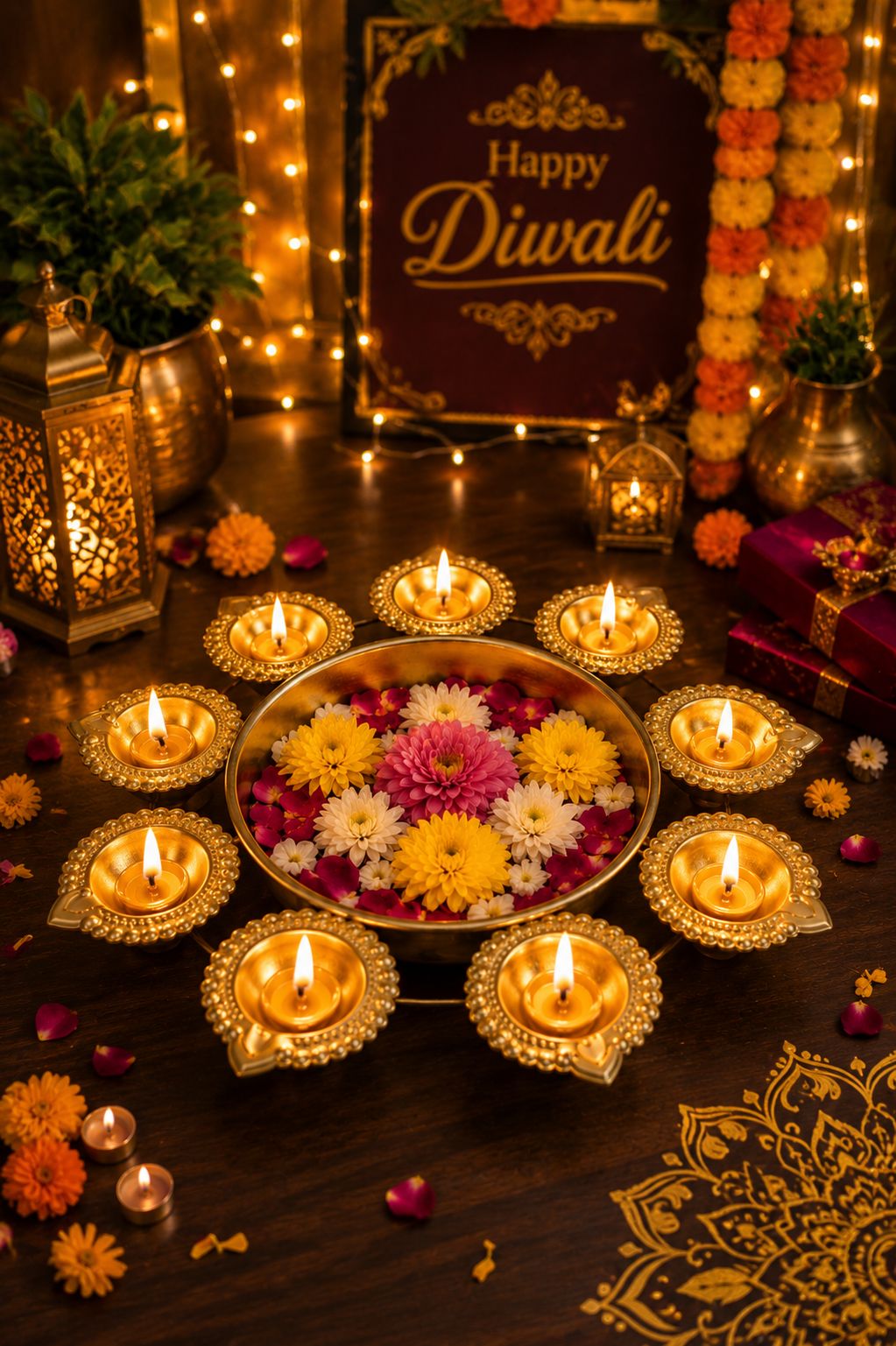 premium iron urli with 8 diya holders decorative metal floating flower bowl for water candles rangoli traditional urli for diwali pooja wedding festivals home decoration
