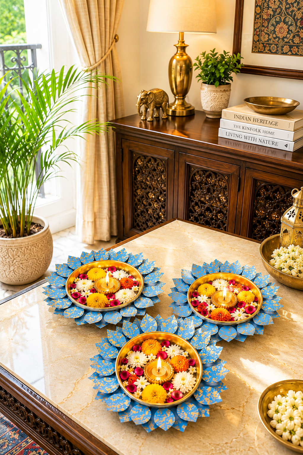decorative metal urli bowl set with rose border floating flower candle urli for home festival decor set of 3 pink copy