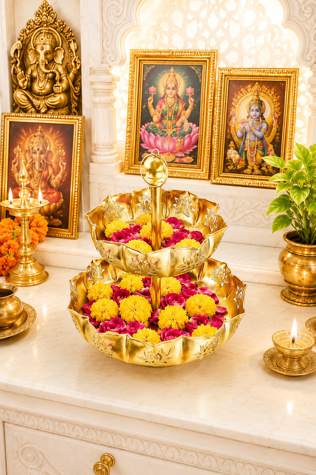 premium dual layer metal urli bowl 2 tier decorative floating flower urli for water candles tea lights traditional pooja urli for diwali wedding home festive decoration