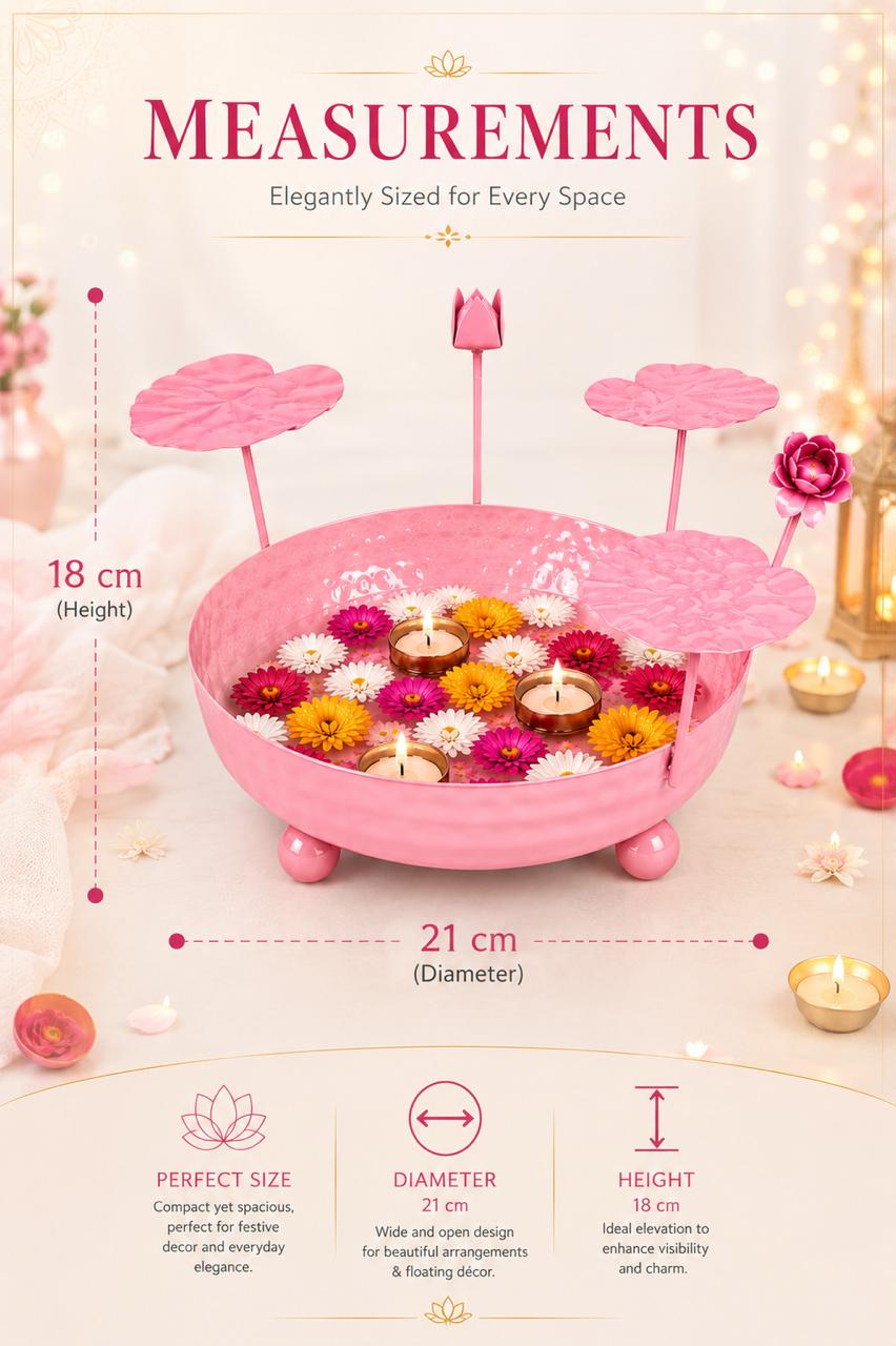 galvanized metal urli bowl for floating flowers candles decorative urli with lotus stems for home festival decor pink